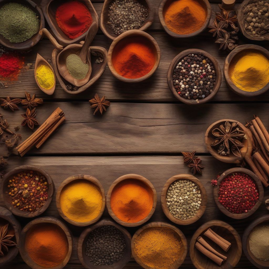 Colorful spices in wooden bowls.